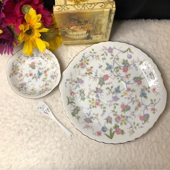 Vintage “Andrea” Floral Chintz w/Gold Trim By Sadek 3pc Party Server - Picture 2 of 16